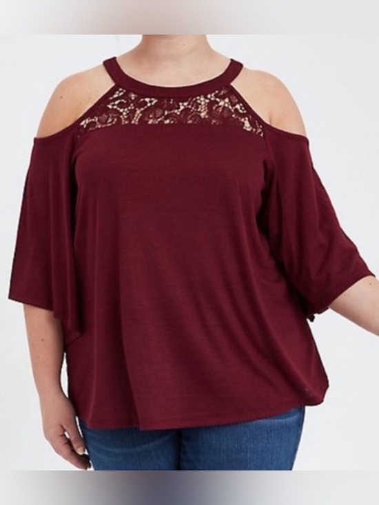 torrid Tops - Torrid Wine Lace Yoke Cold Shoulder Blouse - Size 00 (10)